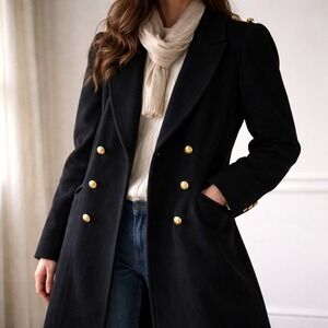 Vintage ADA Double Breasted Wool Blend Long Coat Black Gold Buttons Women's 9/10